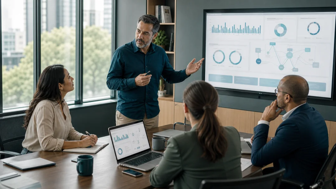 Equipe de liderança coordenando uma decisão operacional apoiada por dados de diferentes áreas.