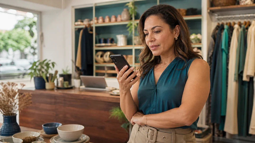 Empresária conversando com uma inteligência generativa pelo celular dentro do próprio negócio.