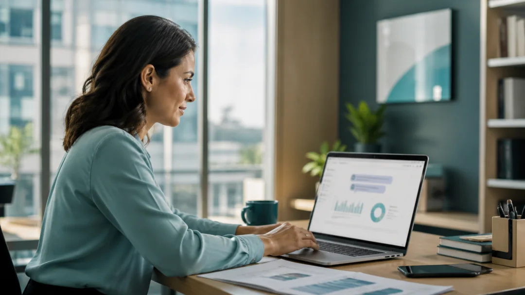 Profissional usando inteligência generativa para analisar informações da empresa em seu ambiente de trabalho.